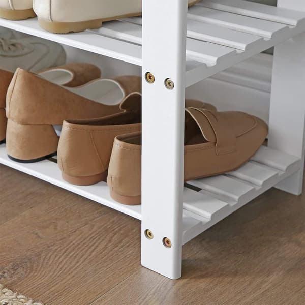 Bambu skobänk, 2-stegs skoställ, stabil skoorganisator för entré, vardagsrum, bänksits håller upp till 150 kg, 71 x 29 x 49 cm, vit och grå LBS604W01