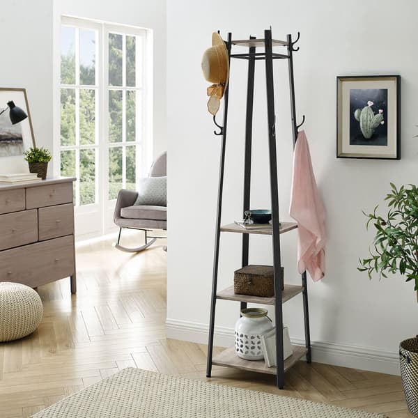 Garderobestativ, Garderobestativ med 3 hylder, stigehylde med kroge til tørklæder, tasker og paraplyer, stålramme, industriel stil, grå og sort LCR08
