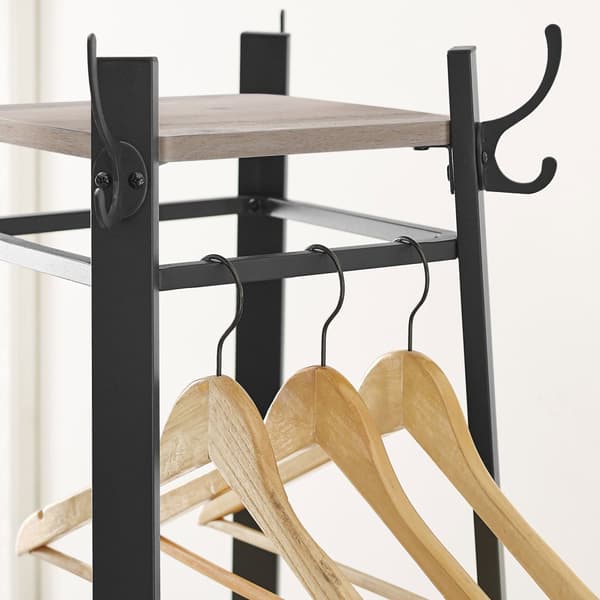 Garderobestativ, Garderobestativ med 3 hylder, stigehylde med kroge til tørklæder, tasker og paraplyer, stålramme, industriel stil, grå og sort LCR08