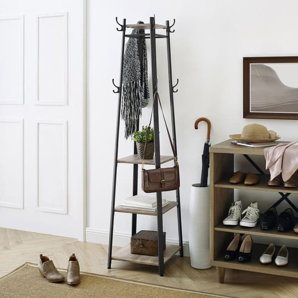 Garderobestativ, Garderobestativ med 3 hylder, stigehylde med kroge til tørklæder, tasker og paraplyer, stålramme, industriel stil, grå og sort LCR08