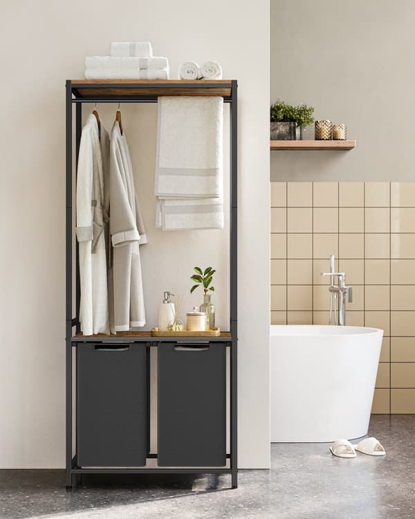 2-osioinen pyykkikori, jossa on 2 hyllyä, irrotettavat ja irrotettavat vuoraukset, vaatekisko, 2 x 12,1 gallonaa, 28,7 x 13 x 69,7 tuumaa, Rustic Bro
