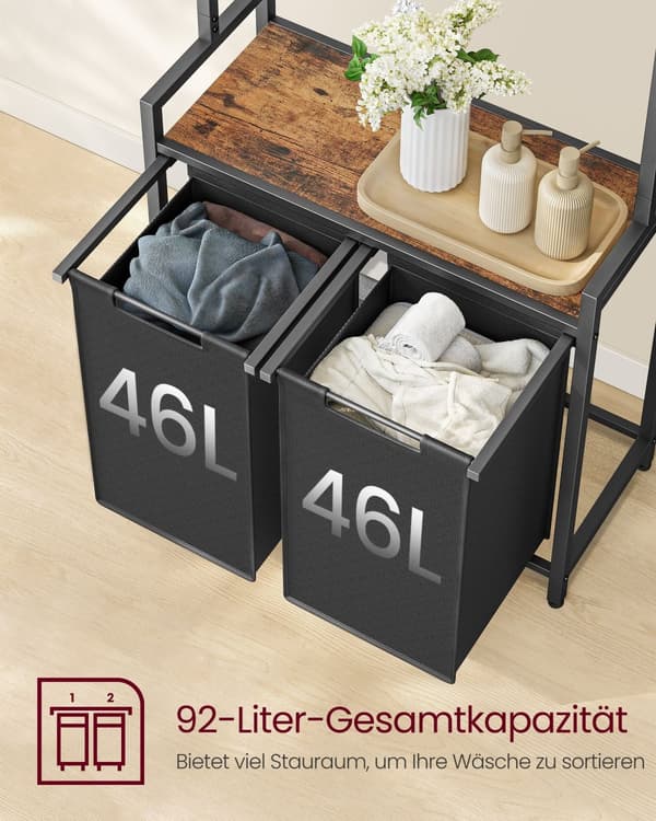 2-osioinen pyykkikori, jossa on 2 hyllyä, irrotettavat ja irrotettavat vuoraukset, vaatekisko, 2 x 12,1 gallonaa, 28,7 x 13 x 69,7 tuumaa, Rustic Bro