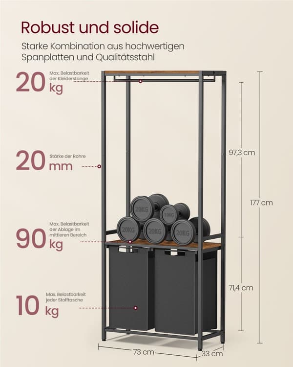 2-osioinen pyykkikori, jossa on 2 hyllyä, irrotettavat ja irrotettavat vuoraukset, vaatekisko, 2 x 12,1 gallonaa, 28,7 x 13 x 69,7 tuumaa, Rustic Bro