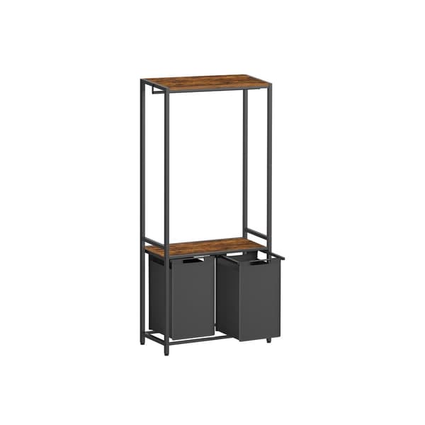 2-osioinen pyykkikori, jossa on 2 hyllyä, irrotettavat ja irrotettavat vuoraukset, vaatekisko, 2 x 12,1 gallonaa, 28,7 x 13 x 69,7 tuumaa, Rustic Bro