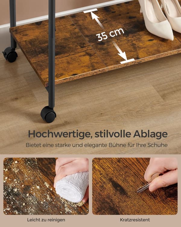 HSR152B01 Tøjstativ med hylde, 2 skinner, tøjstativ 98,5 cm bredt, maks. belastning 100 kg, stålramme, Vintage Brown/Ink Black