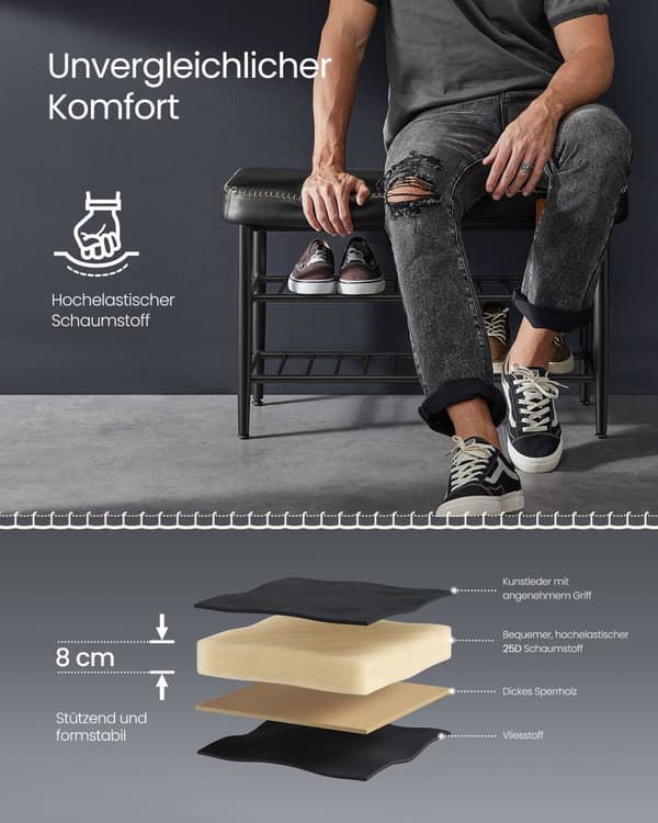 EKHO Collection LSB054B01 Skobänk, Sittplats, Entré, Konstläder, Sömmar, 60-talsstil, Modern, Max belastning 135 kg, 30 x 80 x 50 cm, Ink Black