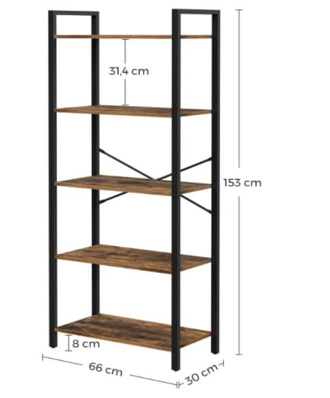OKPET VASAGLE 5-stegs förvaringsställ, bokhylla med stålram, för vardagsrum, kontor, arbetsrum, hall, industriell stil, rustikt brunt och svart LLS06