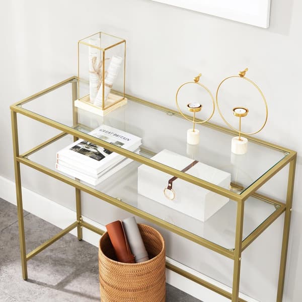 Konsolbord, bord i hærdet glas, moderne sofa- eller entrébord, metalramme, 2 hylder, justerbare fødder, til stue, gang, guldfarve LGT025A01
