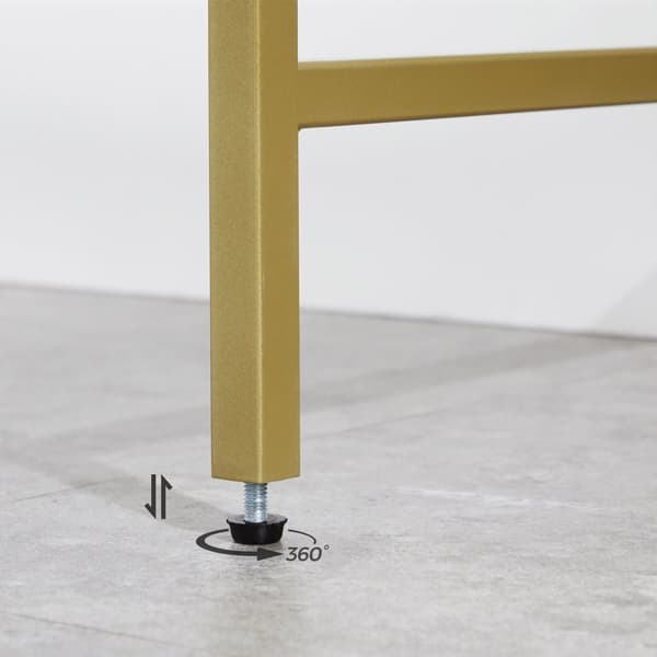 Konsolbord, bord i hærdet glas, moderne sofa- eller entrébord, metalramme, 2 hylder, justerbare fødder, til stue, gang, guldfarve LGT025A01