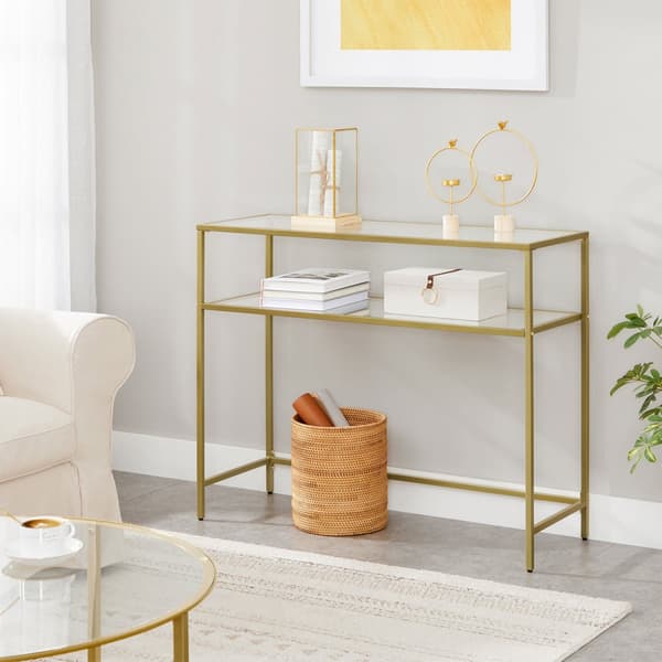 Konsolbord, bord i hærdet glas, moderne sofa- eller entrébord, metalramme, 2 hylder, justerbare fødder, til stue, gang, guldfarve LGT025A01