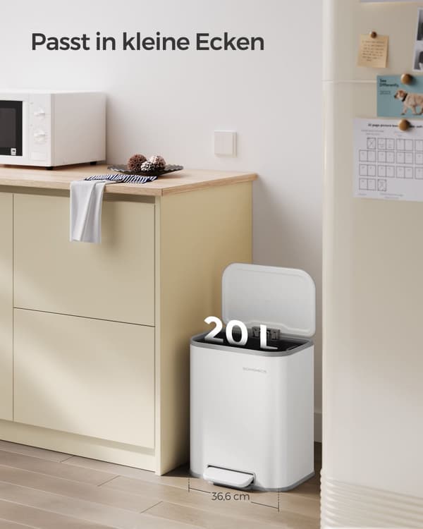 Soptunna för kök, 20 liter soptunna med lock, soptunna med pedal, stål, mjukstängning, hållfunktion, med innerbehållare, molnvit