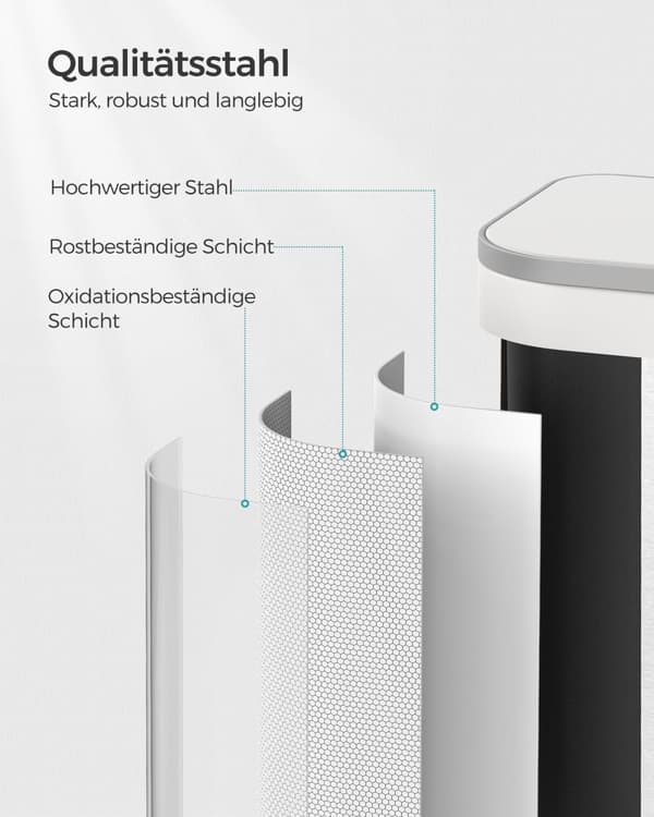 Soptunna för kök, 20 liter soptunna med lock, soptunna med pedal, stål, mjukstängning, hållfunktion, med innerbehållare, molnvit