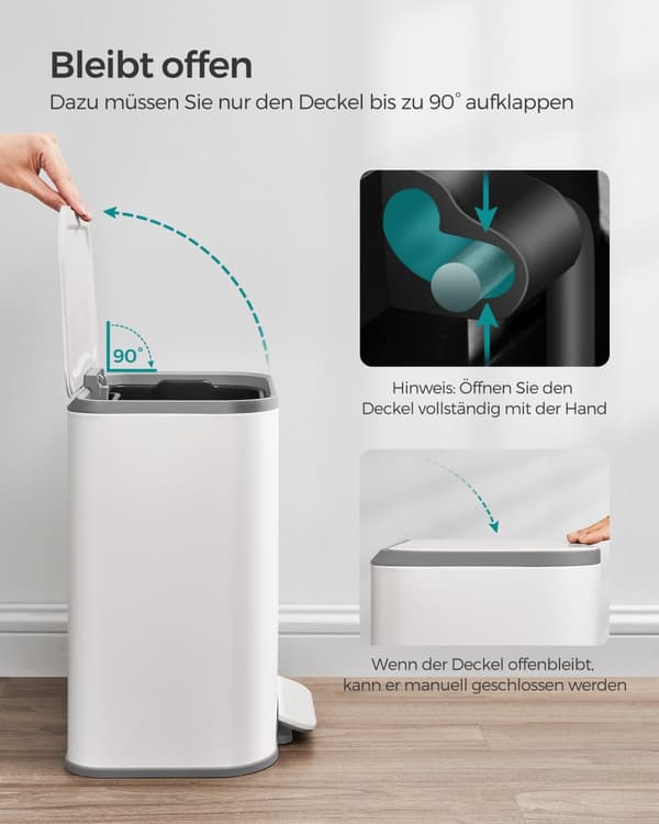 Soptunna för kök, 20 liter soptunna med lock, soptunna med pedal, stål, mjukstängning, hållfunktion, med innerbehållare, molnvit