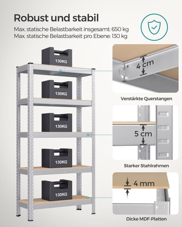 Kraftiga hyllor med silverfärgad stålram