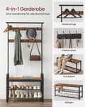 Miniatyrbillede 3 af 6: Knagerække, knagerække med bænk til skoopbevaring, 4-i-1-design, med 9 aftagelige kroge, en tøjstang, til gang, indgang, 33,7 x 84 x 183 cm, industri