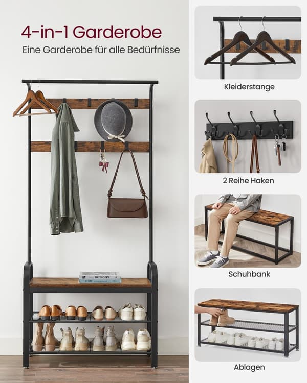 Knagerække, knagerække med bænk til skoopbevaring, 4-i-1-design, med 9 aftagelige kroge, en tøjstang, til gang, indgang, 33,7 x 84 x 183 cm, industri
