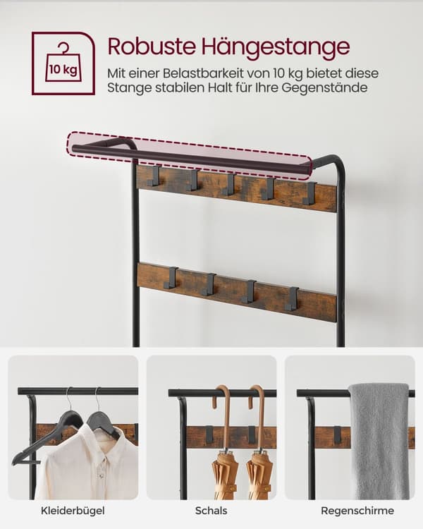 Knagerække, knagerække med bænk til skoopbevaring, 4-i-1-design, med 9 aftagelige kroge, en tøjstang, til gang, indgang, 33,7 x 84 x 183 cm, industri