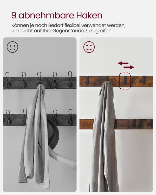 Knagerække, knagerække med bænk til skoopbevaring, 4-i-1-design, med 9 aftagelige kroge, en tøjstang, til gang, indgang, 33,7 x 84 x 183 cm, industri