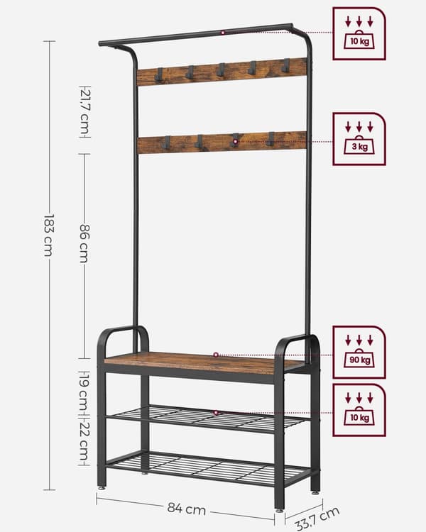 Knagerække, knagerække med bænk til skoopbevaring, 4-i-1-design, med 9 aftagelige kroge, en tøjstang, til gang, indgang, 33,7 x 84 x 183 cm, industri