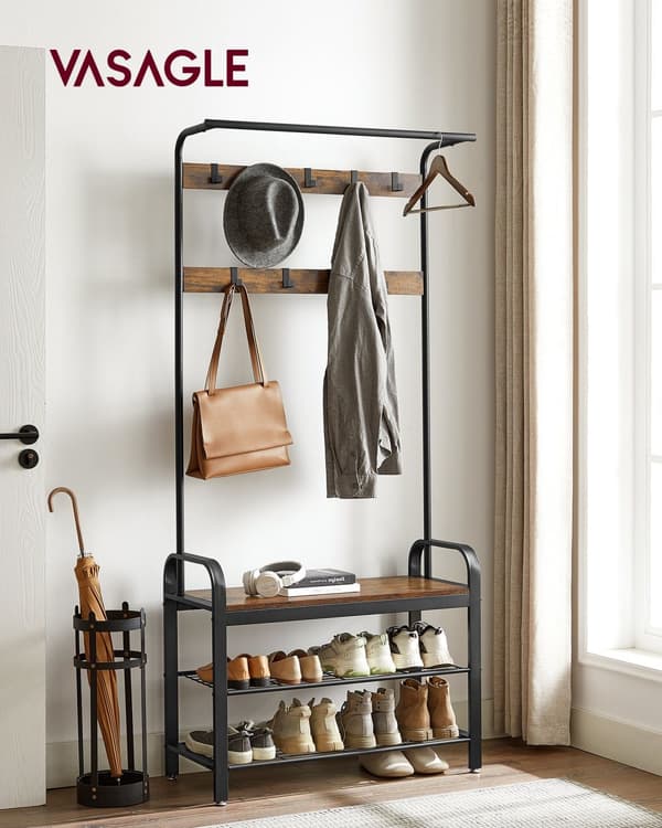 Knagerække, knagerække med bænk til skoopbevaring, 4-i-1-design, med 9 aftagelige kroge, en tøjstang, til gang, indgang, 33,7 x 84 x 183 cm, industri