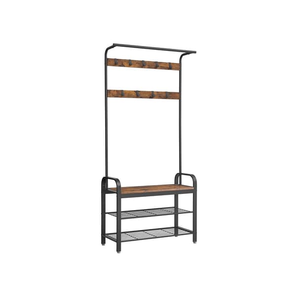 Kapphylla, kapphylla med bänk för skoförvaring, 4-i-1-design, med 9 löstagbara krokar, klädstång, för hall, entré, 33,7 x 84 x 183 cm, industriell, r