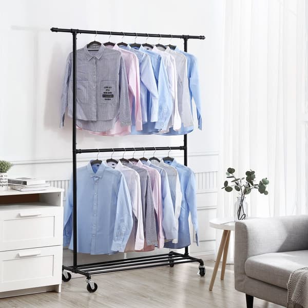 Industriellt klädställ på hjul, maxbelastning 110 kg, dubbla klädhängare, kraftig kommersiell display, svart HSR62BK