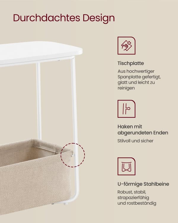 Litet runt sidobord, modernt nattduksbord med tygkorg, matt vit och camelbrun LET223W10