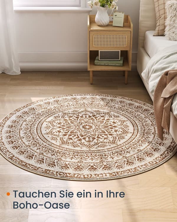 Rund matta, 120 cm, vardagsrumsmatta, halkfri matta, fluffig dekoration, för vardagsrum, sovrum, maskintvättbar, Boho-stil, Cappuccino Beige