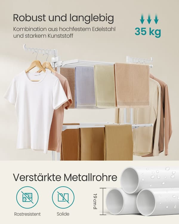 Vasketøjsstativ med 4 niveauer og hjul skyhvid