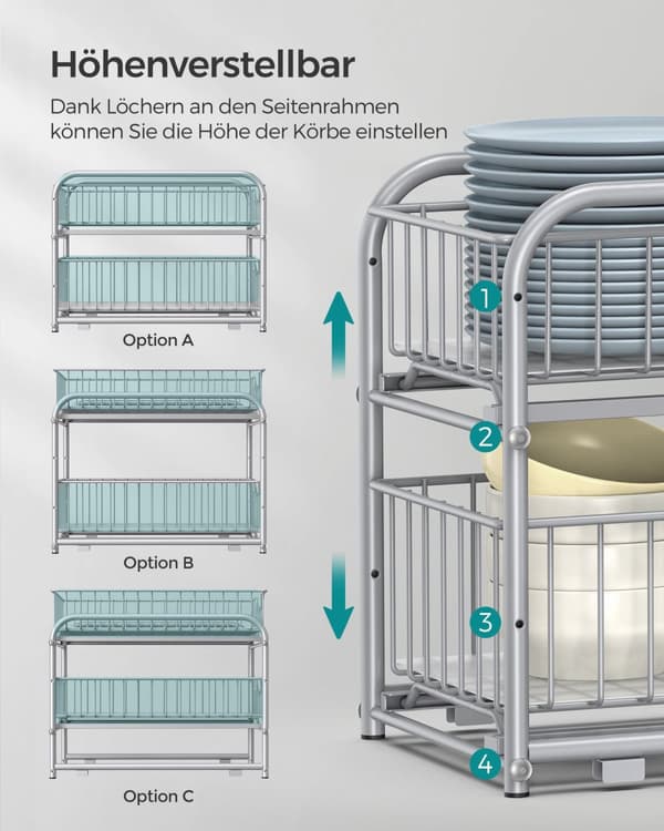 Sæt med 2 organisatorer til køkkenskabe i sølvmetallic
