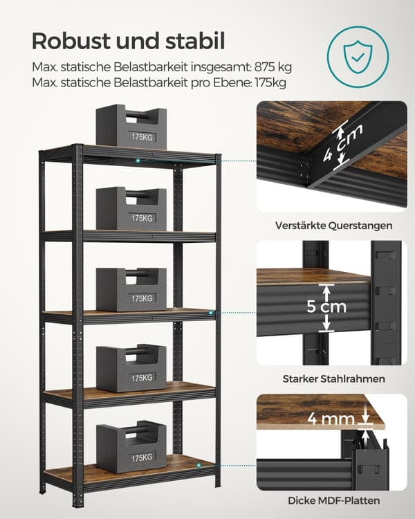 Reol, 40 x 90 x 180 cm, 875 kg belastningskapacitet (175 kg pr. hylde), industrielle, justerbare opbevaringshylder, til stue, køkken, garage, rustik