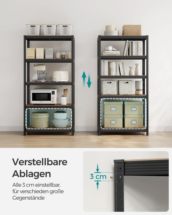 Reol, 40 x 90 x 180 cm, 875 kg belastningskapacitet (175 kg pr. hylde), industrielle, justerbare opbevaringshylder, til stue, køkken, garage, rustik