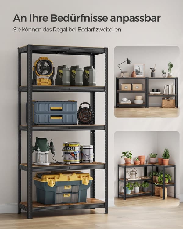 Reol, 40 x 90 x 180 cm, 875 kg belastningskapacitet (175 kg pr. hylde), industrielle, justerbare opbevaringshylder, til stue, køkken, garage, rustik