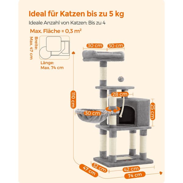 Klösbräda 110 cm med plattformar och grotta ljusgrå