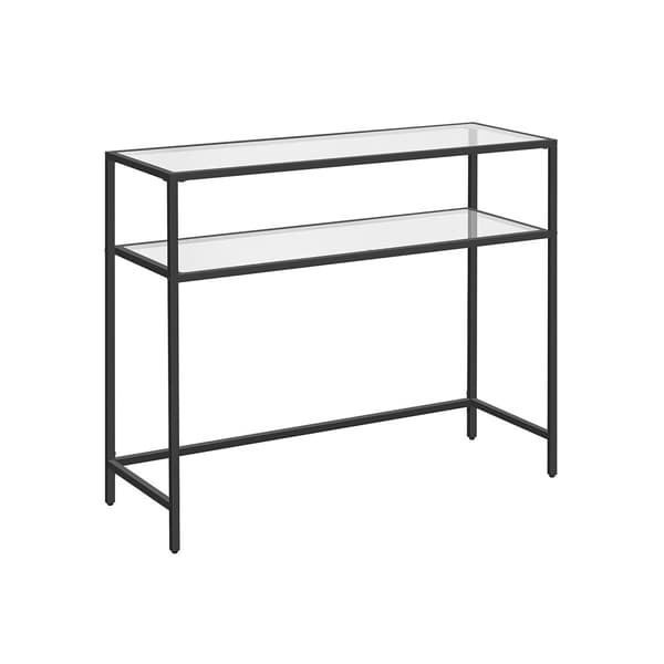 Konsolbord, bord i hærdet glas, moderne sofa- eller entrébord, stålramme, 2 hylder, justerbare fødder, til stue, gang, sort LGT025B01