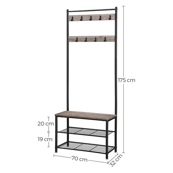 Kapphylla, kapphylla med bänk för skoförvaring, hallträd med skohylla, 3-i-1-design, stålram, för hall, entré, 32 x 70 x 175 cm, industriell, grå och
