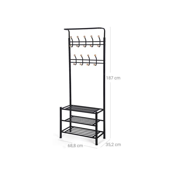 Garderobestativ med 3 skohylder med 18 kroge, rørdiameter 32 mm, metal, sort, 68,8 x 35,2 x 187 cm