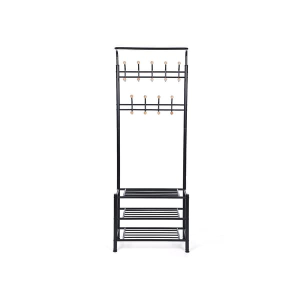 Garderobestativ med 3 skohylder med 18 kroge, rørdiameter 32 mm, metal, sort, 68,8 x 35,2 x 187 cm