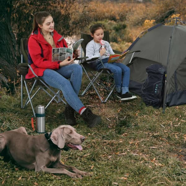 Hopfällbara campingstolar, set om 2 utomhusstolar, med armstöd, mugghållare, bärbar, 120 kg kapacitet, för camping, trädgård, fiske, strand, balkong,