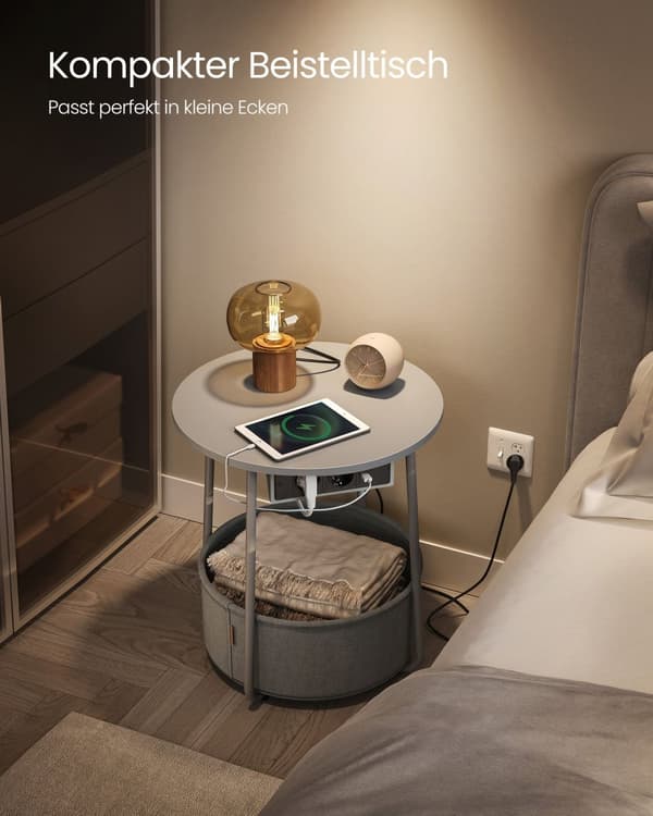 Tavolino, Tavolino Rotondo con Stazione di Ricarica e Cestino in Tessuto, Spazioso, per Soggiorno Camera da Letto, Comodino, Stile Moderno, Grigio To