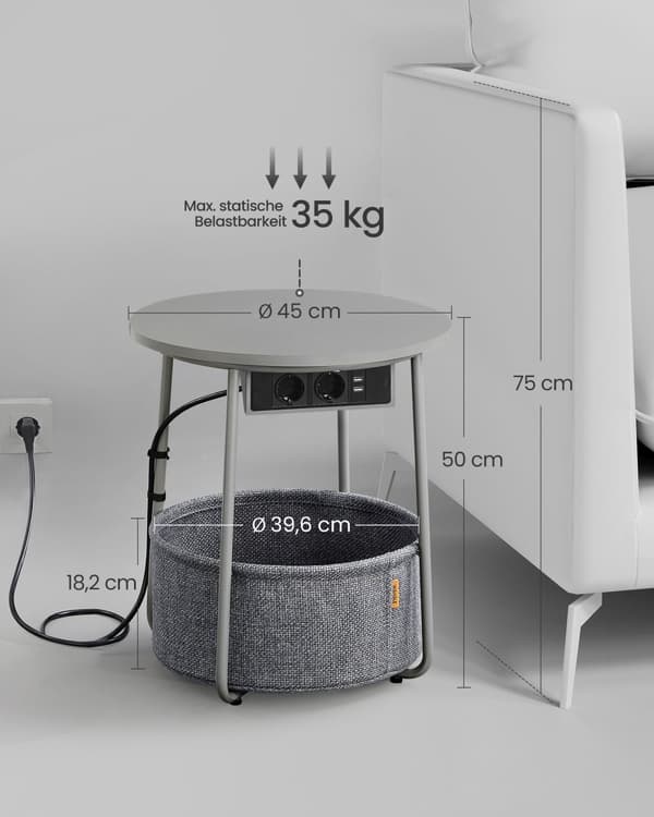 Tavolino, Tavolino Rotondo con Stazione di Ricarica e Cestino in Tessuto, Spazioso, per Soggiorno Camera da Letto, Comodino, Stile Moderno, Grigio To