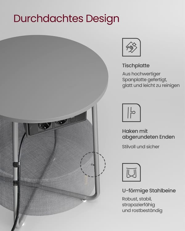 Tavolino, Tavolino Rotondo con Stazione di Ricarica e Cestino in Tessuto, Spazioso, per Soggiorno Camera da Letto, Comodino, Stile Moderno, Grigio To