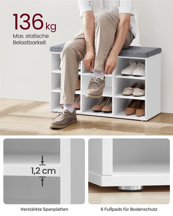 Skobänk med dyna, förvaringsbänk med vadderad sits, entrébänk med 9 fack, justerbara hyllor, för sovrum, 11,9 x 30,9 x 18,9 tum, vit och grå LHS009W1