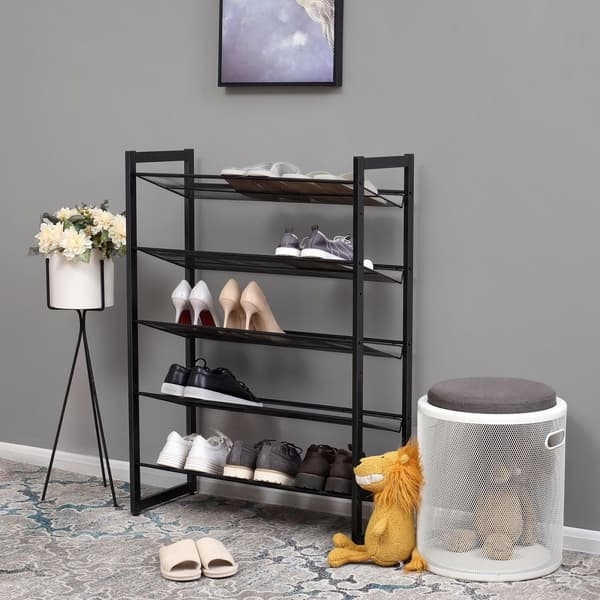 5 Tier Metal Mesh Shoe Rack tasainen kulmahyllyt, suuri pinottava ja säädettävä Boots Storage Järjestäjä eteisen kaapissa, musta