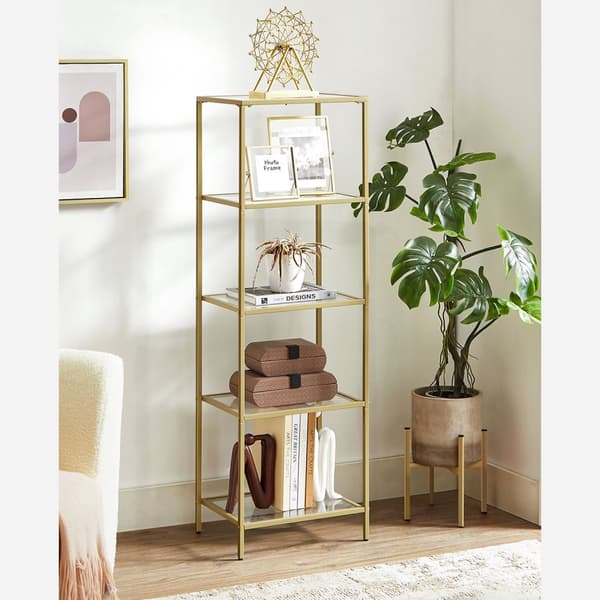 Hyllplan, 5-stegs steghyllplan, smal glashylla för sovrum, badrum, hemmakontor, härdat glas, stålram, guldfärg