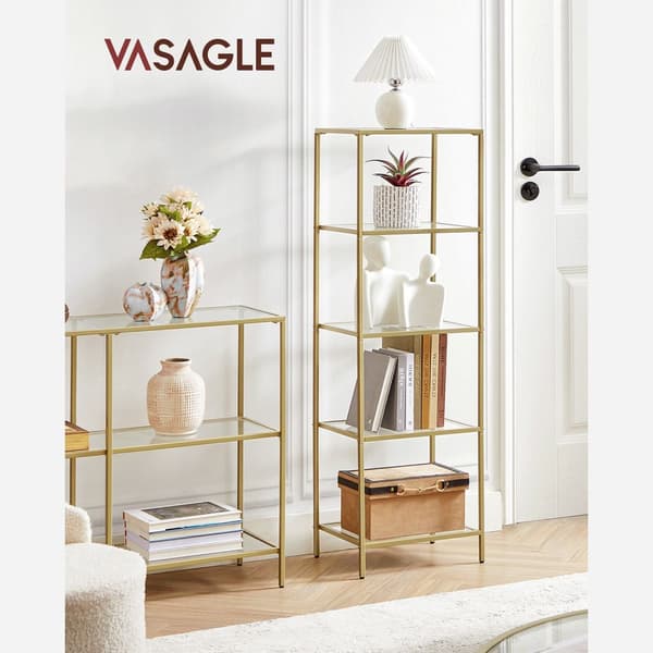 Hyllplan, 5-stegs steghyllplan, smal glashylla för sovrum, badrum, hemmakontor, härdat glas, stålram, guldfärg