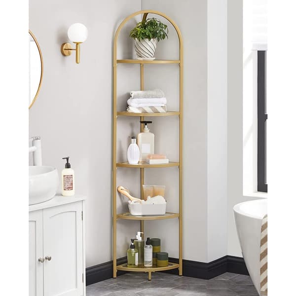 Hörnhyllställ, 5-nivå hörnbokhylla, hyllor i härdat glas, modern stil, växtställ med stålram för vardagsrum, sovrum, kök, badrum, gyllene färg ULGT81