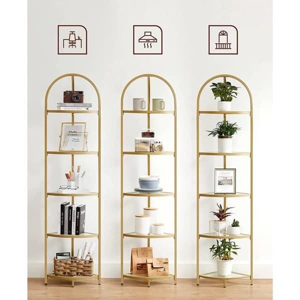 Hörnhyllställ, 5-nivå hörnbokhylla, hyllor i härdat glas, modern stil, växtställ med stålram för vardagsrum, sovrum, kök, badrum, gyllene färg ULGT81