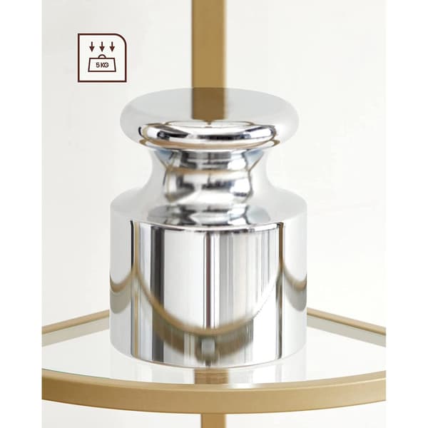 Hörnhyllställ, 5-nivå hörnbokhylla, hyllor i härdat glas, modern stil, växtställ med stålram för vardagsrum, sovrum, kök, badrum, gyllene färg ULGT81