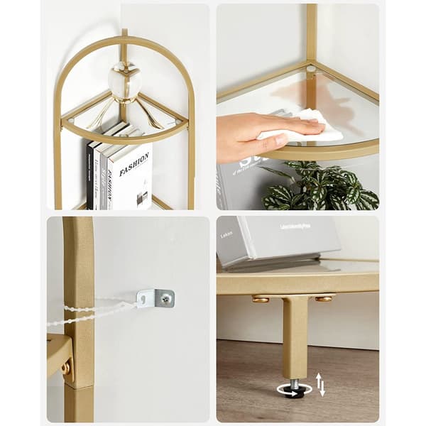 Hörnhyllställ, 5-nivå hörnbokhylla, hyllor i härdat glas, modern stil, växtställ med stålram för vardagsrum, sovrum, kök, badrum, gyllene färg ULGT81